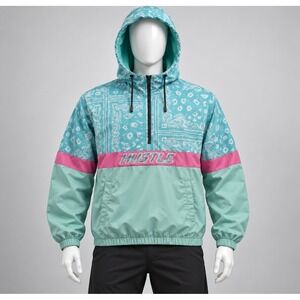 GS-115 Hustle Paisley Windbreaker Jacket Mens 3X Teal Pink Half Zip Hooded